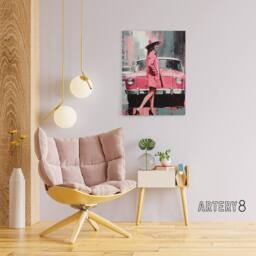 "Artery8 Woman & Pink Classic Car Retro Fashion Canvas Wall Art Print - Size: W18"" x H24""" - thumbnail 3