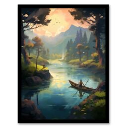 Artery8 Wall Art Print Fishermen Casting Nets at Sunrise Acrylic Painting Men Fishing in Countryside River Serene Mountain Forest Landscape Art - thumbnail 1