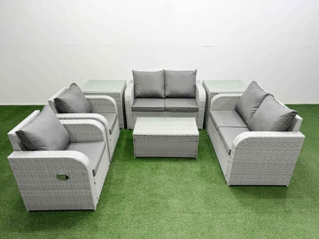 Fimous 6 Seater Outdoor Reclining Chair Love Sofa Set Rattan Garden Furniture Set with Rectangular Coffee Table 2 Side Tables Light Grey - image 1