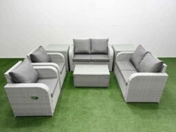 Fimous 6 Seater Outdoor Reclining Chair Love Sofa Set Rattan Garden Furniture Set with Rectangular Coffee Table 2 Side Tables Light Grey - thumbnail 1