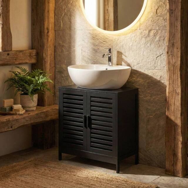 Wyld and Coco Bamboo Washbasin Black Modern Freestanding Bathroom Storage W60cm - image 1