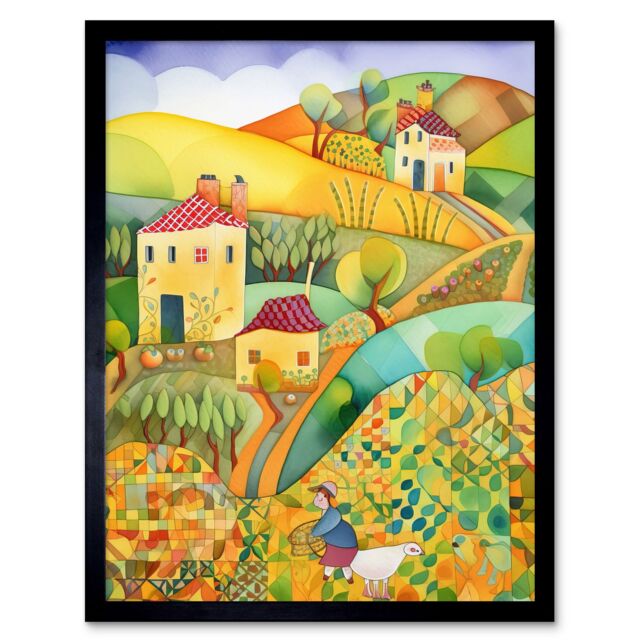 "Artery8 Wall Art Print Countryside Farming Folk Art Watercolour Painting Art Framed in Black - Size: W12"" x H16""" - image 1
