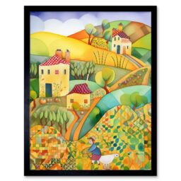"Artery8 Wall Art Print Countryside Farming Folk Art Watercolour Painting Art Framed in Black - Size: W12"" x H16""" - thumbnail 1