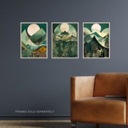 Artery8 Wall Art Print Set of 3 Geometric Forest Mountain Landscape Boho Art Deco Tan Teal Green Full Moon Sunrise Artworks Living Room Poster s Pack - thumbnail 2