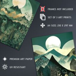 Artery8 Wall Art Print Set of 3 Geometric Forest Mountain Landscape Boho Art Deco Tan Teal Green Full Moon Sunrise Artworks Living Room Poster s Pack - thumbnail 4