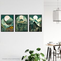 Artery8 Wall Art Print Set of 3 Geometric Forest Mountain Landscape Boho Art Deco Tan Teal Green Full Moon Sunrise Artworks Living Room Poster s Pack - thumbnail 3