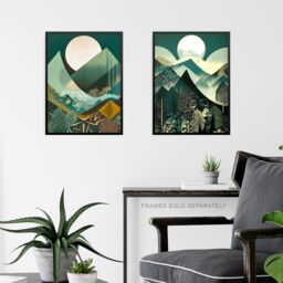 Artery8 Wall Art Print Set of 3 Geometric Forest Mountain Landscape Boho Art Deco Tan Teal Green Full Moon Sunrise Artworks Living Room Poster s Pack - thumbnail 6