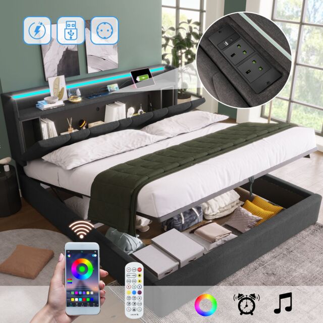 Matteo Upholstered Double Bed w/ USB charging function, storage headboard & LED lighting, 4ft6 Double Bed storage bed frame(135x190cm), Wooden - image 1