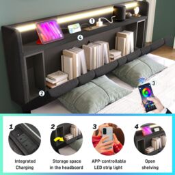Matteo Upholstered Double Bed w/ USB charging function, storage headboard & LED lighting, 4ft6 Double Bed storage bed frame(135x190cm), Wooden - thumbnail 4