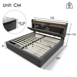 Matteo Upholstered Double Bed w/ USB charging function, storage headboard & LED lighting, 4ft6 Double Bed storage bed frame(135x190cm), Wooden - thumbnail 2
