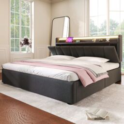 Matteo Upholstered Double Bed w/ USB charging function, storage headboard & LED lighting, 4ft6 Double Bed storage bed frame(135x190cm), Wooden - thumbnail 8