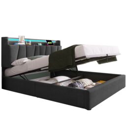 Matteo Upholstered Double Bed w/ USB charging function, storage headboard & LED lighting, 4ft6 Double Bed storage bed frame(135x190cm), Wooden - thumbnail 6
