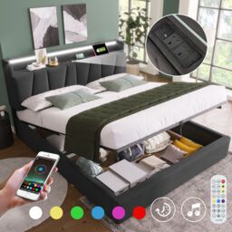 Matteo Upholstered Double Bed w/ USB charging function, storage headboard & LED lighting, 4ft6 Double Bed storage bed frame(135x190cm), Wooden - thumbnail 9
