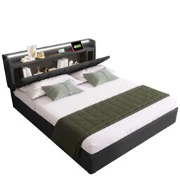 Matteo Upholstered Double Bed w/ USB charging function, storage headboard & LED lighting, 4ft6 Double Bed storage bed frame(135x190cm), Wooden - thumbnail 7
