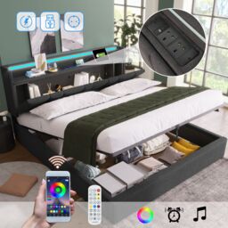 Matteo Upholstered Double Bed w/ USB charging function, storage headboard & LED lighting, 4ft6 Double Bed storage bed frame(135x190cm), Wooden