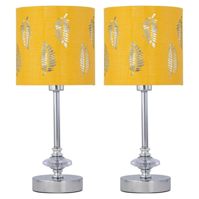 First Choice Lighting Set of 2 Chrome Jewelled Table Lamps with Ochre Mustard Fern Shades in Silver - image 1