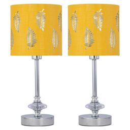 First Choice Lighting Set of 2 Chrome Jewelled Table Lamps with Ochre Mustard Fern Shades in Silver - thumbnail 1