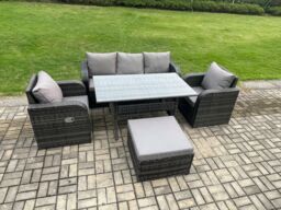 Fimous Wicker PE Rattan Garden Furniture Set Outdoor Rectangular Dining Table & Chair Sofa Set With Big Footstool in Dark Grey - thumbnail 2