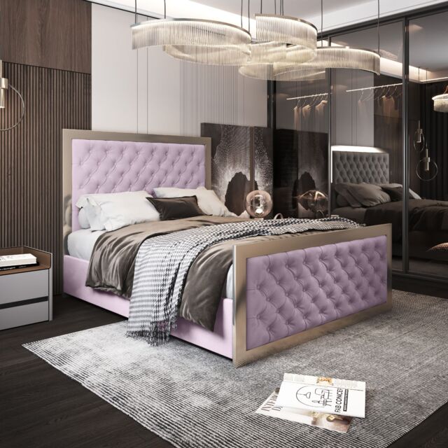 Casani Maddison Upholstered Soft Velvet Metal Bed Frame in Pink - Size: Small Double - image 1
