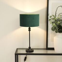 ValueLights Maggie Black Metal Candlestick Table Lamp with Velvet Drum Shade & LED Bulb in Bottle Green