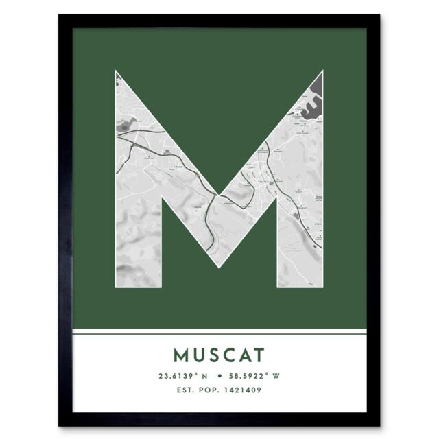 "Wee Blue Coo Wall Art Print Muscat Oman City Map Modern Typography Stylish Letter Framed Word in Green - Size: W12"" x H16""" - image 1