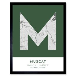 "Wee Blue Coo Wall Art Print Muscat Oman City Map Modern Typography Stylish Letter Framed Word in Green - Size: W12"" x H16""" - thumbnail 1