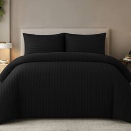 Grace Embossed Satin Stripe Duvet Cover Sets Ultrasoft Quilt Cover in Black - Size: Single