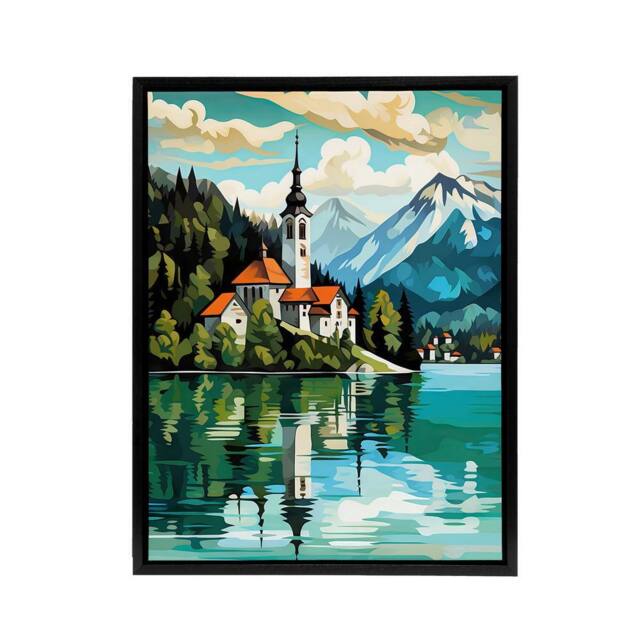"Artery8 Church on Lake Bled Slovenia Island Framed Canvas Wall Art Print in Blue - Size: W12"" x H16""" - image 1