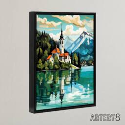 "Artery8 Church on Lake Bled Slovenia Island Framed Canvas Wall Art Print in Blue - Size: W12"" x H16""" - thumbnail 2