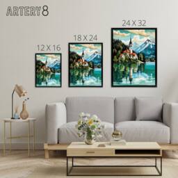"Artery8 Church on Lake Bled Slovenia Island Framed Canvas Wall Art Print in Blue - Size: W12"" x H16""" - thumbnail 4