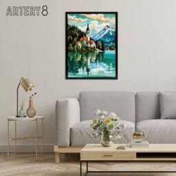 "Artery8 Church on Lake Bled Slovenia Island Framed Canvas Wall Art Print in Blue - Size: W12"" x H16""" - thumbnail 3