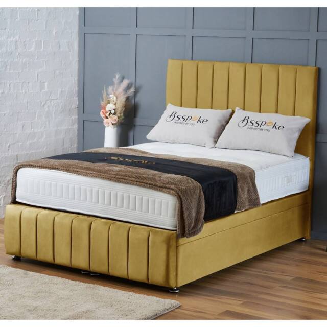 "BSSPOKE Sierra Ottoman Divan Bed Plush Velvet 54"" Headboard & Mattress in Mustard - Size: King" - image 1