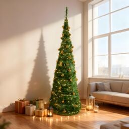 Shatchi 6Ft Prelit Pop up Christmas Tree With Warm White LED Lights & Gold Bauble in Green - thumbnail 1
