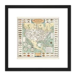 Artery8 Ertz 1936 Pictorial Map USA Game Fish Angling 8X8 Inch Square Wooden Framed Wall Art Print Picture with Mount in Black - thumbnail 1