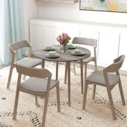 HOMCOM Folding Dining Table for 4, Round Drop Leaf Table, Modern Space Saving Small Kitchen Table with Wood Legs for Dining Room in Grey - thumbnail 1