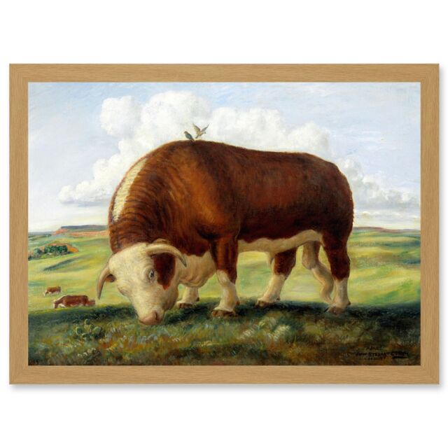 Artery8 Curry Ajax Hereford Bull Cow Birds Landscape Painting Artwork Framed Wall Art Print A4 in Light Oak - image 1