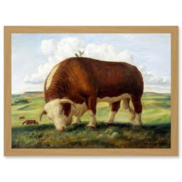 Artery8 Curry Ajax Hereford Bull Cow Birds Landscape Painting Artwork Framed Wall Art Print A4 in Light Oak - thumbnail 1