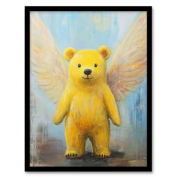 Artery8 Cute Yellow Teddy Bear With Wings Oil Painting Framed Art Print - Size: A4 - thumbnail 1