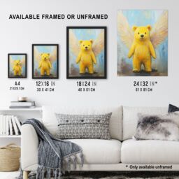 Artery8 Cute Yellow Teddy Bear With Wings Oil Painting Framed Art Print - Size: A4 - thumbnail 3