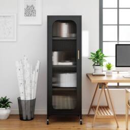 Gymax Metal Storage Cabinet 5-Tier Tall Narrow Kitchen Pantry on Wheels in Black - thumbnail 4