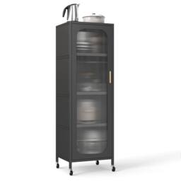Gymax Metal Storage Cabinet 5-Tier Tall Narrow Kitchen Pantry on Wheels in Black - thumbnail 2