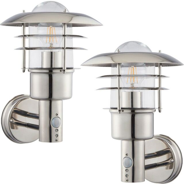 Loops 2 PACK IP44 Outdoor Wall Lamp Stainless Steel Caged Glass PIR Lantern Over Light in Metallics - image 1