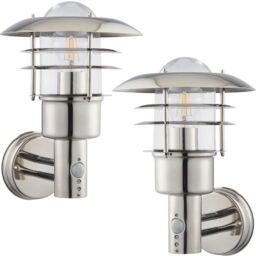 Loops 2 PACK IP44 Outdoor Wall Lamp Stainless Steel Caged Glass PIR Lantern Over Light in Metallics - thumbnail 1