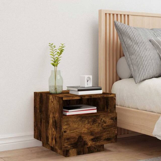 Berkfield Home Decorative Bedside Cabinet with LED Lights Smoked Oak 40x39x37 cm in Brown - Size: 40 x 39 x 37 cm - image 1