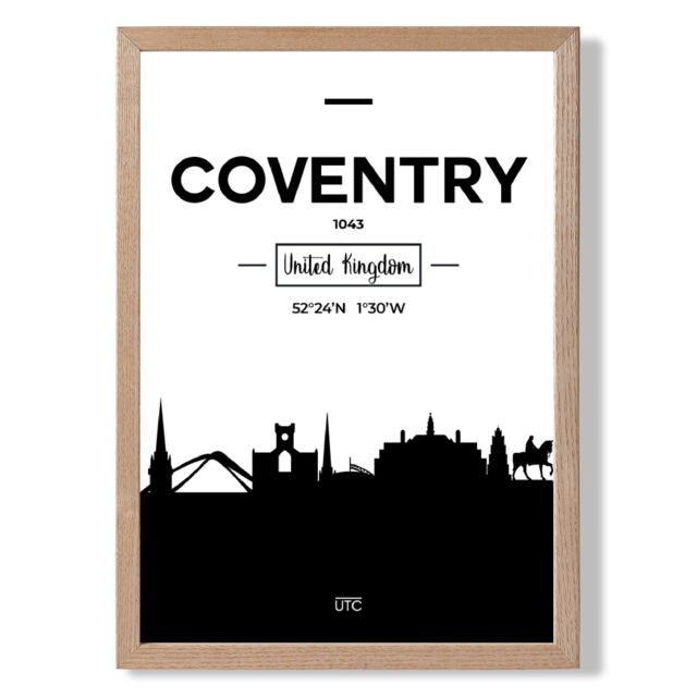 ARTZE Coventry Black & White City Skyline Framed Print SIZE: A3 with Oak Frame - Size: A4 - image 1