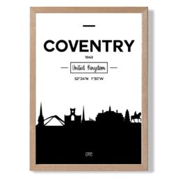 ARTZE Coventry Black & White City Skyline Framed Print SIZE: A3 with Oak Frame - Size: A4