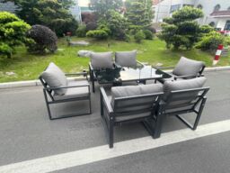 Fimous Aluminum Garden Furniture Dining Set Adjustable Rising Lifting Table & Chairs Patio Outdoor 6 Seat Black Tempered Glass Dark Grey - thumbnail 2