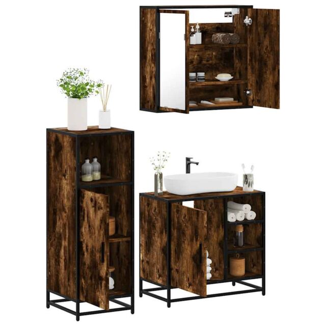 Berkfield Home 3 Piece Bathroom Furniture Set Smoked Oak Engineered Wood in Brown - image 1