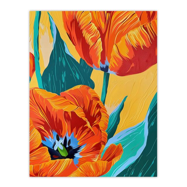 "Artery8 Stylised Orange Teal Tulip Flowers Vibrant Floral Wall Art Print - Size: W18"" x H24""" - image 1