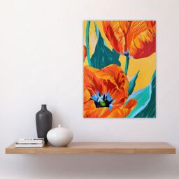 "Artery8 Stylised Orange Teal Tulip Flowers Vibrant Floral Wall Art Print - Size: W18"" x H24""" - thumbnail 4
